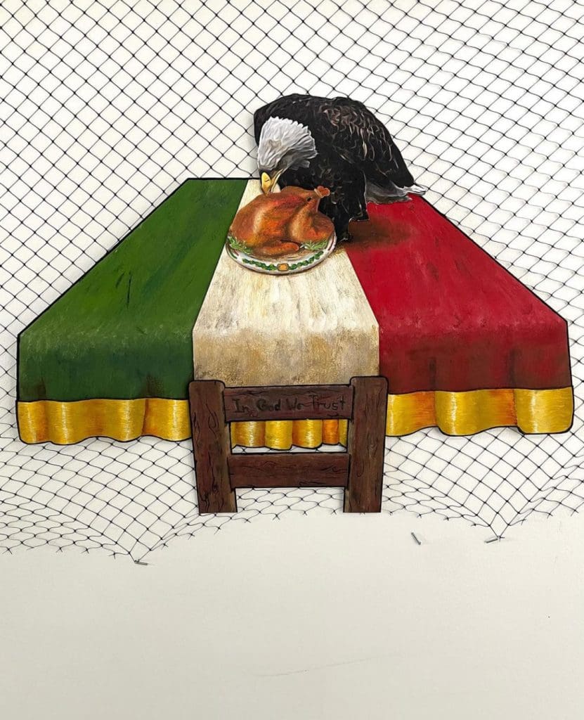 image of 3d student artwork of an eagle eating a turkey on a table with a flag design